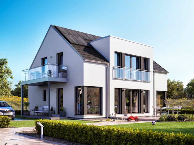 Fertighaus SUNSHINE 165 V3 von Living Fertighaus Schlüsselfertig ab 426931€, Satteldach-Klassiker Außenansicht 1