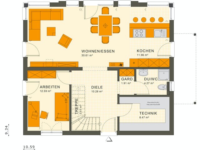 Fertighaus SUNSHINE 165 V3 von Living Fertighaus Ausbauhaus ab 360188€, Satteldach-Klassiker Grundriss 1