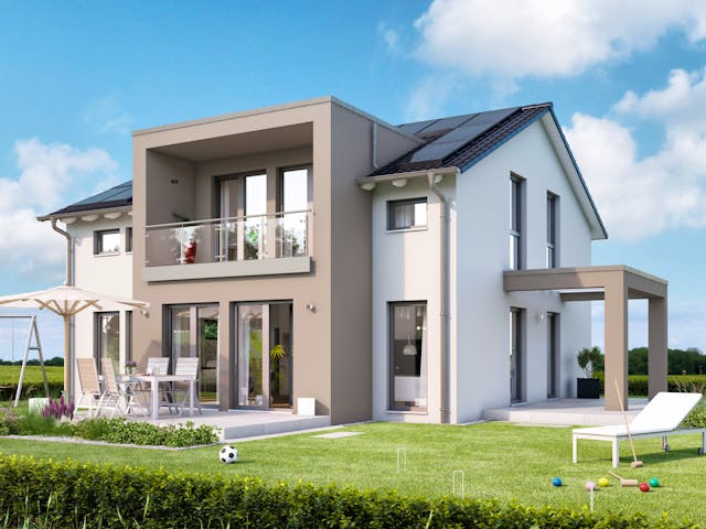 Fertighaus SUNSHINE 165 V5 von Living Fertighaus Schlüsselfertig ab 359290€, Satteldach-Klassiker Außenansicht 1