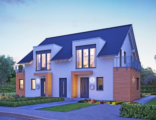 Doppelhaus-Fertighaus mit Erker und Balkon von massa haus. Deutlich zu sehen sind die zwei separaten Eingänge und der gleichwertige Aufbau der beiden Doppelhaushälften.