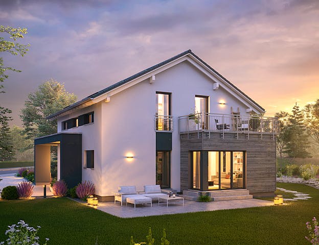 Fertighaus mit 150 qm mit Satteldach und Balkonerker von massa haus