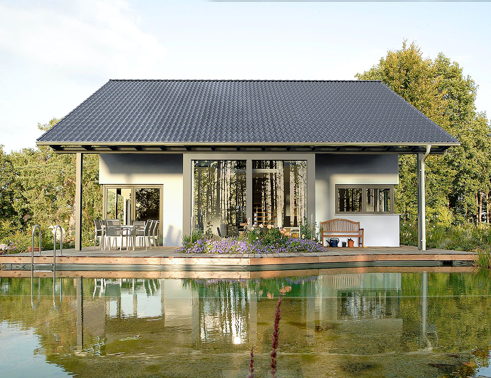 Fertighaus LINEAR mit Wintergarten von Meisterstück-HAUS Schlüsselfertig ab 342936€, Satteldach-Klassiker Außenansicht 1