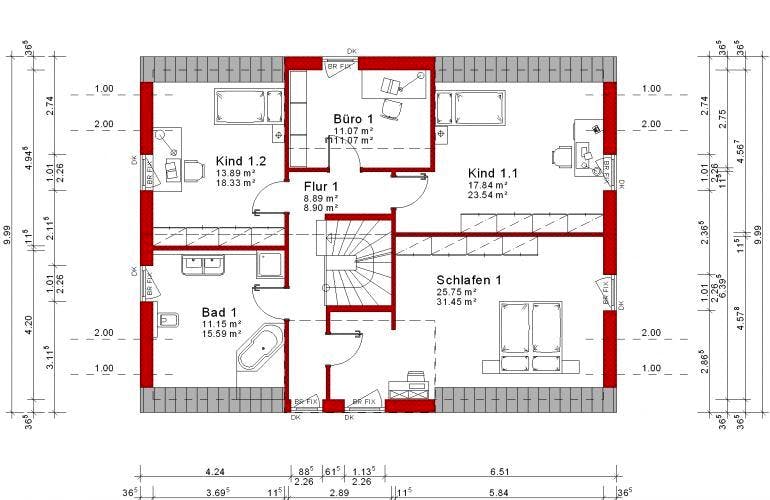 Massivhaus 3FH Version 372 von Grundsteinhaus Schlüsselfertig ab 451700€,  Grundriss 1