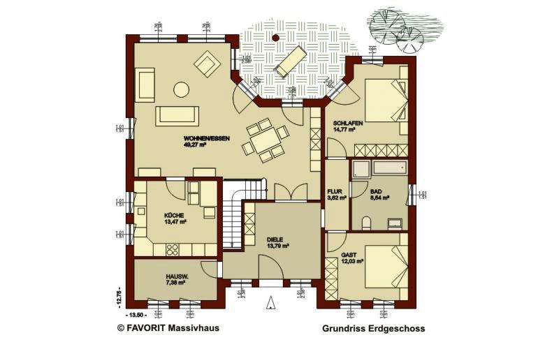 Massivhaus Ambiente 158 von FAVORIT Massivhaus Schlüsselfertig ab 348270€, Bungalow Grundriss 1