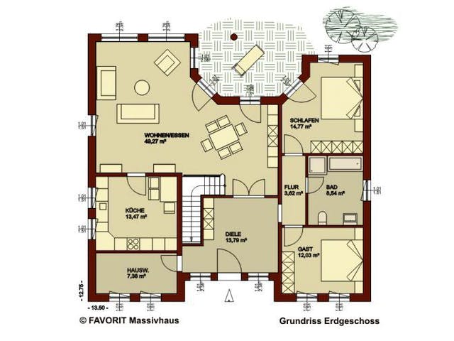 Massivhaus Ambiente 158 von FAVORIT Massivhaus Schlüsselfertig ab 434070€, Bungalow Grundriss 2