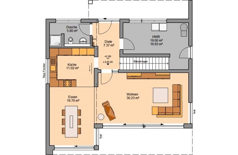 Massivhaus ARCHITEKTENHAUS ELEA von KHC Bauträger Schlüsselfertig ab 409900€, Grundriss 1