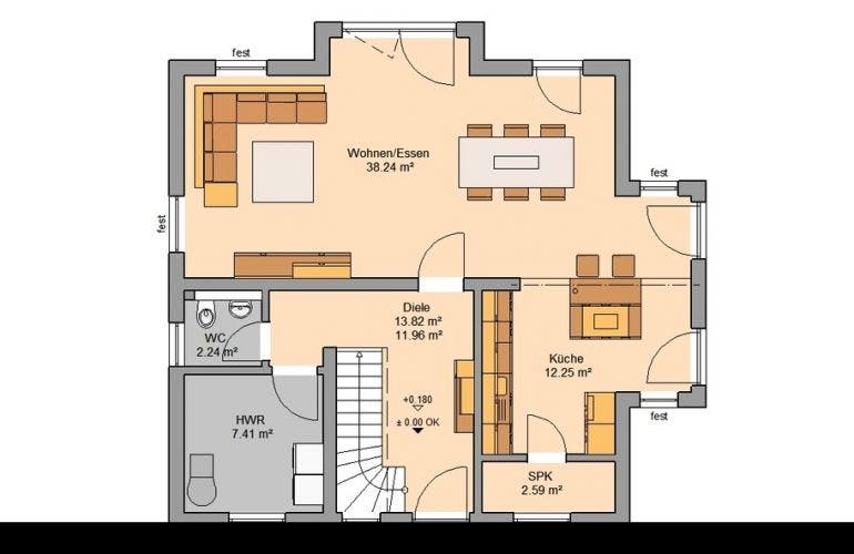 Massivhaus ARCHITEKTENHAUS ESPRIT TRENDLINE von KHC Bauträger Schlüsselfertig ab 377900€, Grundriss 1
