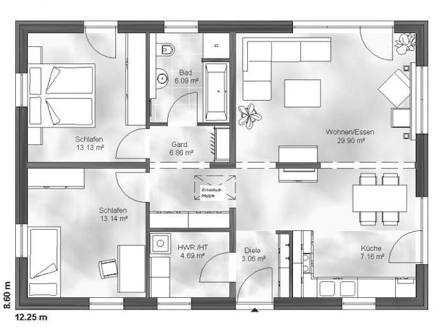 Massivhaus Bungalow 1 von Massive Wohnbau, Bungalow Grundriss 1