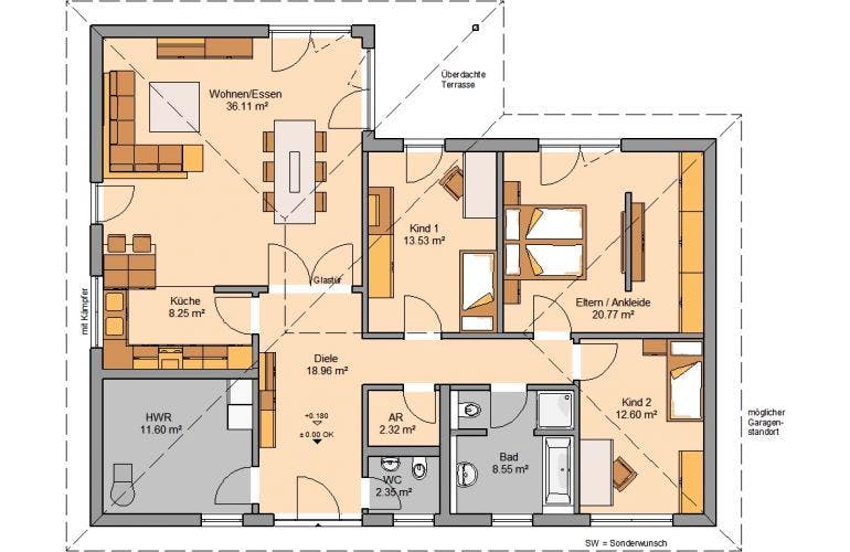 Massivhaus BUNGALOW BALANCE von KHC Bauträger Schlüsselfertig ab 363900€, Bungalow Grundriss 1