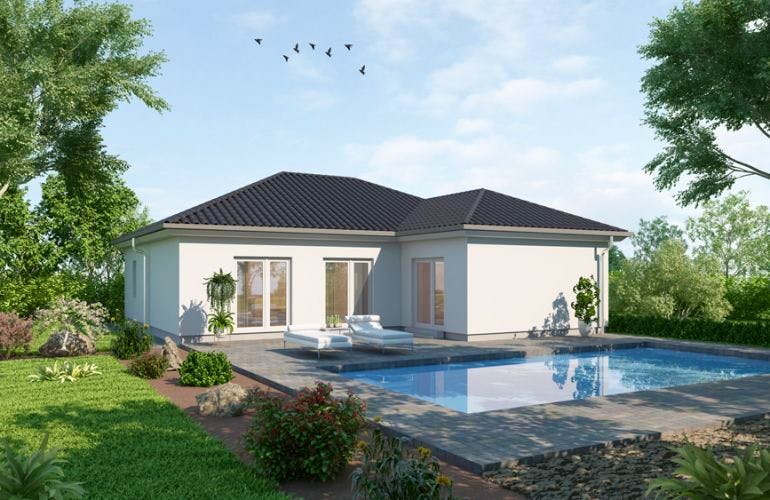 Massivhaus Bungalow BL 115 Basis von Baudirekt, Außenansicht 1