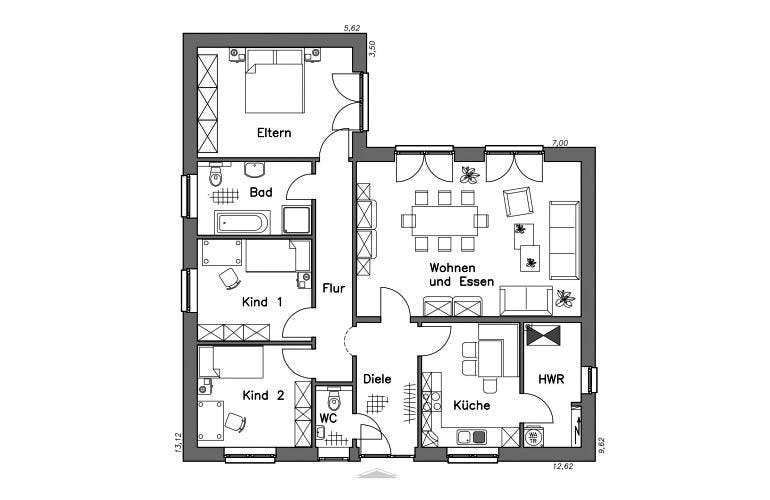 Massivhaus Bungalow BL 115 Basis von Baudirekt, Grundriss 1