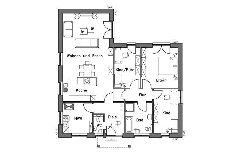 Massivhaus Bungalow BL 115 Variante K von Baudirekt, Grundriss 1