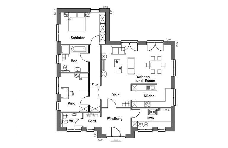 Massivhaus Bungalow BL 115 Variante M von Baudirekt, Grundriss 1