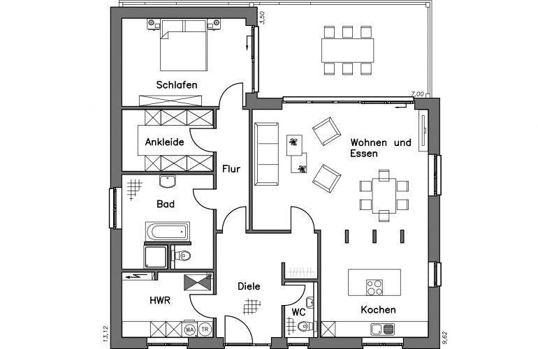 Massivhaus Bungalow BL 115 Variante T von Baudirekt, Grundriss 1