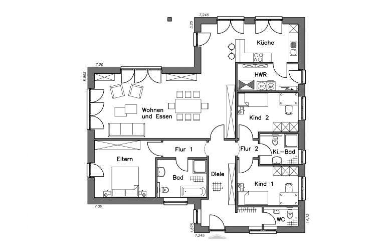 Massivhaus Bungalow BL 135 Variante K von Baudirekt, Bungalow Grundriss 1