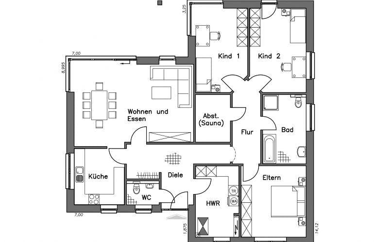 Massivhaus Bungalow BL 135 Variante T von Baudirekt, Grundriss 1