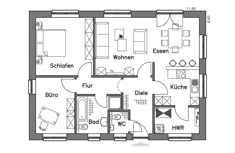 Massivhaus Bungalow BL 80 Basis von Baudirekt, Bungalow Grundriss 1