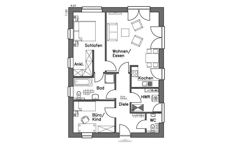 Massivhaus Bungalow BL 80 Variante M von Baudirekt, Bungalow Grundriss 1