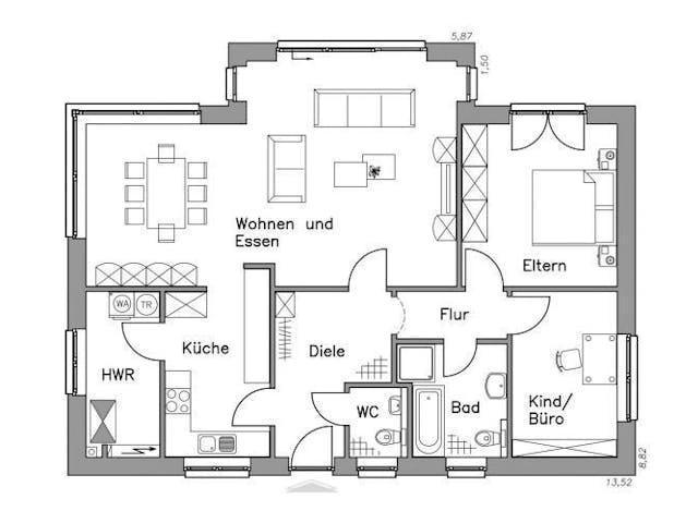 Massivhaus Bungalow BL 95 Variante K von Baudirekt, Bungalow Grundriss 1