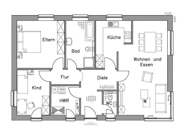 Massivhaus Bungalow BL 95 Variante M von Baudirekt, Bungalow Grundriss 1
