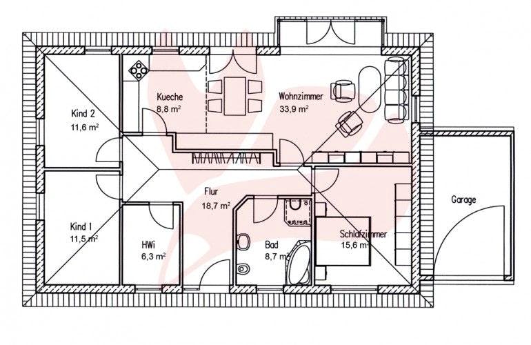 Massivhaus Bungalow Buche 115 von Baufuchs-Massivhaus Schlüsselfertig ab 211500€, Bungalow Grundriss 1