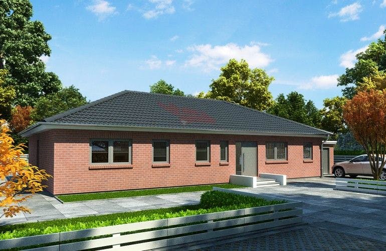 Massivhaus Bungalow Buche 158 von Baufuchs-Massivhaus Schlüsselfertig ab 282000€, Bungalow Außenansicht 1