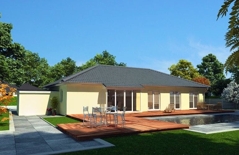 Massivhaus Bungalow Buche 158 von Baufuchs-Massivhaus Schlüsselfertig ab 282000€, Bungalow Außenansicht 2