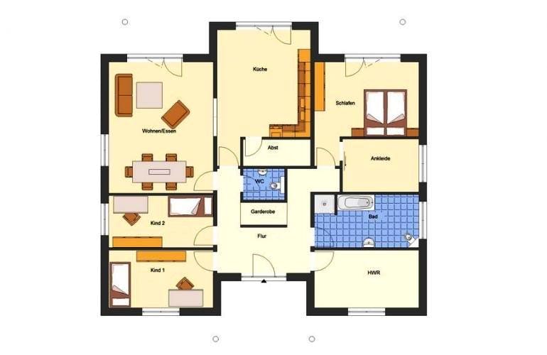Massivhaus Bungalow Elbblick von EWA Hausbau Schlüsselfertig ab 288990€, Bungalow Grundriss 1