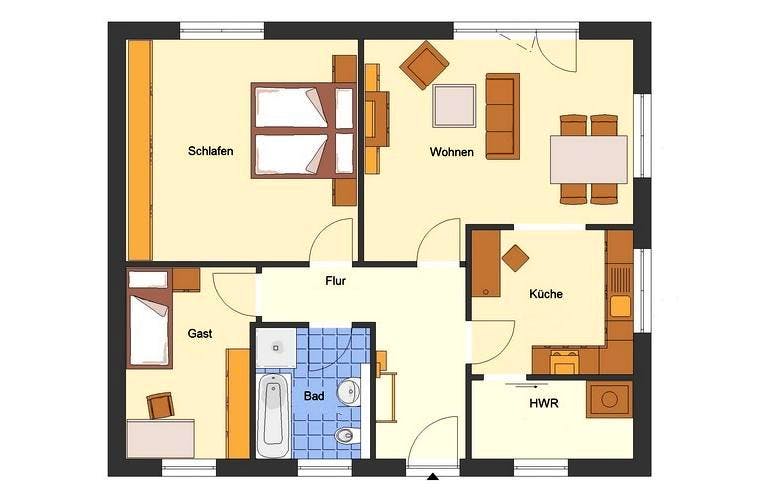 Massivhaus Bungalow Fehmarn von EWA Hausbau Schlüsselfertig ab 182990€, Bungalow Grundriss 1