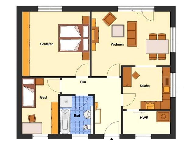 Massivhaus Bungalow Fehmarn von EWA Hausbau Schlüsselfertig ab 217990€, Bungalow Grundriss 1