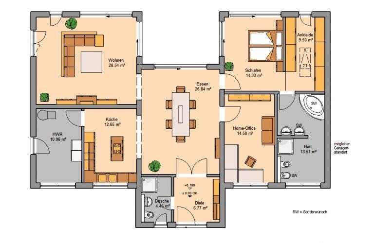 Massivhaus BUNGALOW FOKUS von KHC Bauträger Schlüsselfertig ab 370900€, Bungalow Grundriss 1
