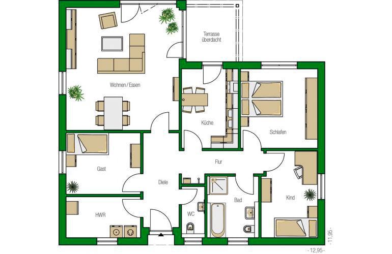 Massivhaus Bungalow Freiburg von HELMA MASSIVHAUS Schlüsselfertig ab 322050€, Bungalow Grundriss 1