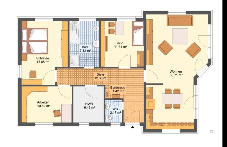 Massivhaus Bungalow GOSLAR von Aktuell Bau, Bungalow Grundriss 1