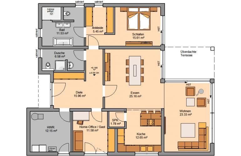 Massivhaus BUNGALOW SELECT von KHC Bauträger Schlüsselfertig ab 329900€, Bungalow Grundriss 1