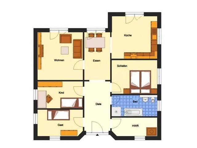 Massivhaus Bungalow Sylt von EWA Hausbau Schlüsselfertig ab 260990€, Bungalow Grundriss 1