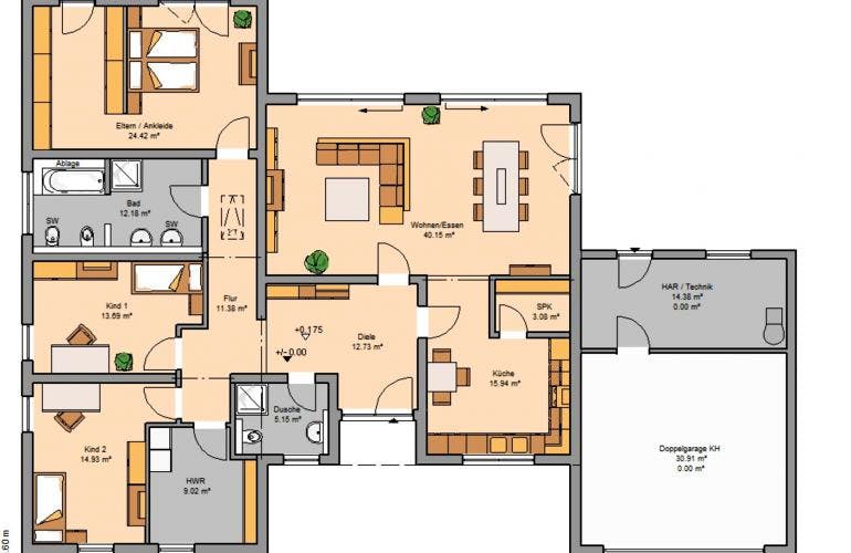 Massivhaus Bungalow Trio von KHC Bauträger Schlüsselfertig ab 521900€, Bungalow Grundriss 1