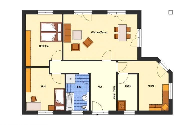 Massivhaus Bungalow Usedom von EWA Hausbau Schlüsselfertig ab 220990€, Bungalow Grundriss 1