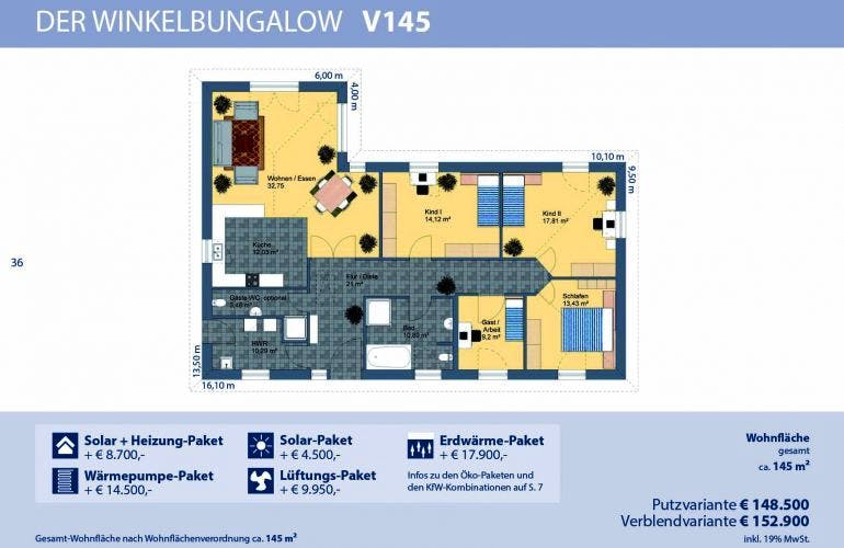 Massivhaus Bungalow V145 von Virtus Projektbau Schlüsselfertig ab 157900€, Bungalow Grundriss 1