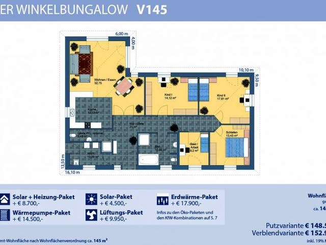 Massivhaus Bungalow V145 von Virtus Massivhaus Schlüsselfertig ab 157900€, Bungalow Grundriss 1
