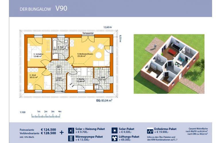 Massivhaus Bungalow V90 von Virtus Projektbau, Bungalow Grundriss 1