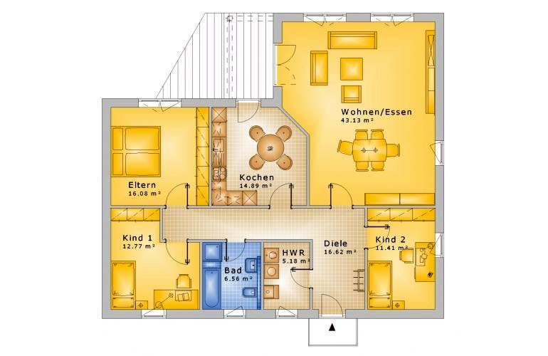 Massivhaus Bungalow Variante 2 von Grundsteinhaus Schlüsselfertig ab 234500€, Grundriss 1