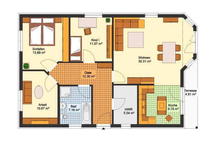 Massivhaus Bungalow WETTIN von Aktuell Bau, Bungalow Grundriss 1