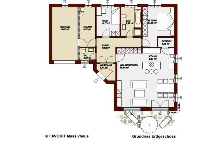 Massivhaus Chalet 103 von FAVORIT Massivhaus Schlüsselfertig ab 251660€, Bungalow Grundriss 1