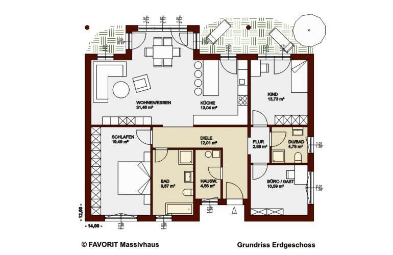 Massivhaus Chalet 122 von FAVORIT Massivhaus Schlüsselfertig ab 255020€, Bungalow Grundriss 1