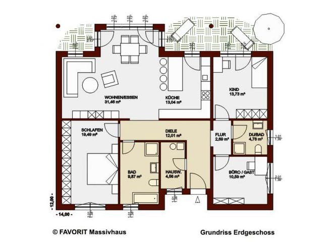 Massivhaus Chalet 122 von FAVORIT Massivhaus Schlüsselfertig ab 255020€, Bungalow Grundriss 1