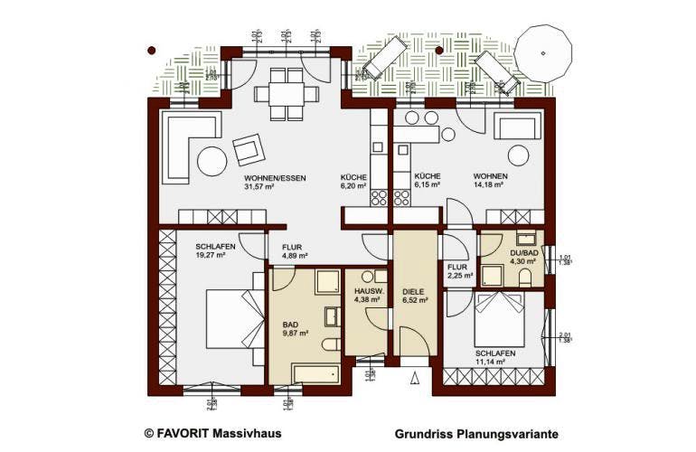 Massivhaus Chalet 122 von FAVORIT Massivhaus Schlüsselfertig ab 255020€, Bungalow Grundriss 2
