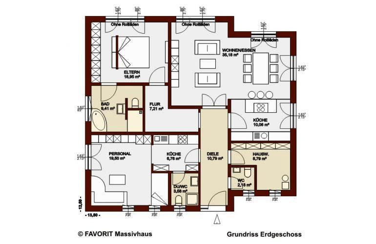 Massivhaus Chalet 132 von FAVORIT Massivhaus Schlüsselfertig ab 323400€, Bungalow Grundriss 2