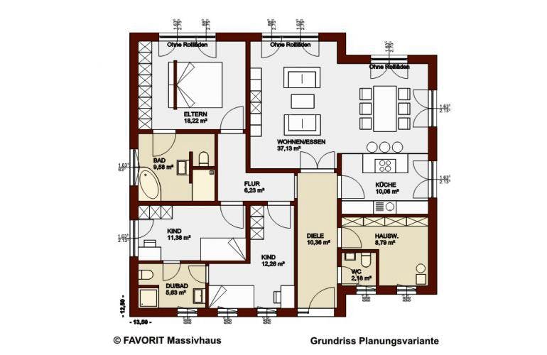 Massivhaus Chalet 132 von FAVORIT Massivhaus Schlüsselfertig ab 323400€, Bungalow Grundriss 1