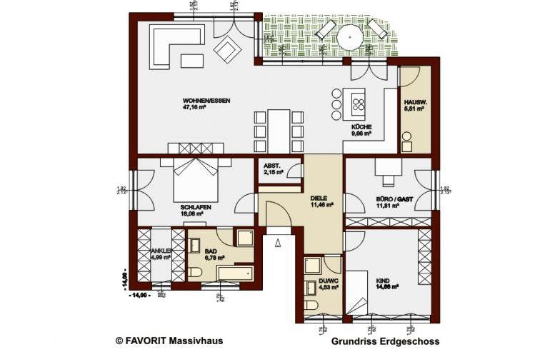 Massivhaus Chalet 135 von FAVORIT Massivhaus Schlüsselfertig ab 308150€, Bungalow Grundriss 1