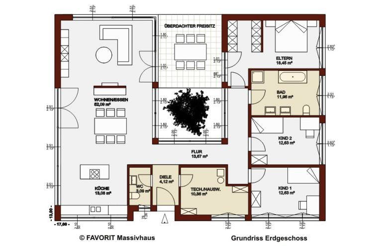 Massivhaus Chalet 153 von FAVORIT Massivhaus Schlüsselfertig ab 308150€, Bungalow Grundriss 2